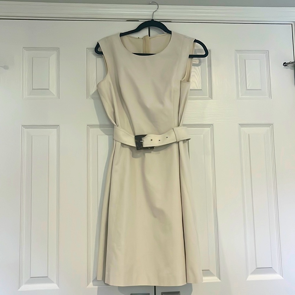 Beige Dress with Tortoise Belt Buckle. Size 8